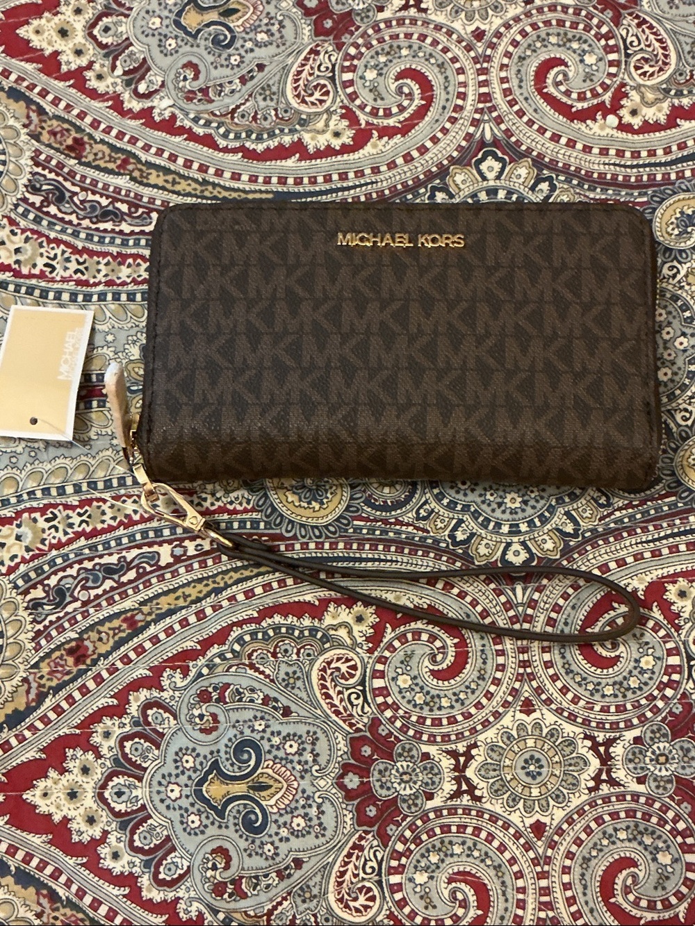 Michael Kors Brown Monogram Zip-Around Wristlet Wallet with Gold Logo
